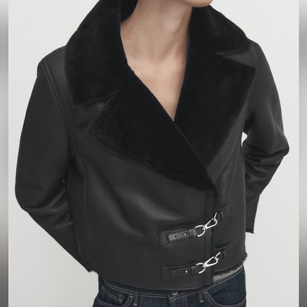 NWT Massimo Dutti | Leather mouton jacket with furskin detail - Picture 3 of 14